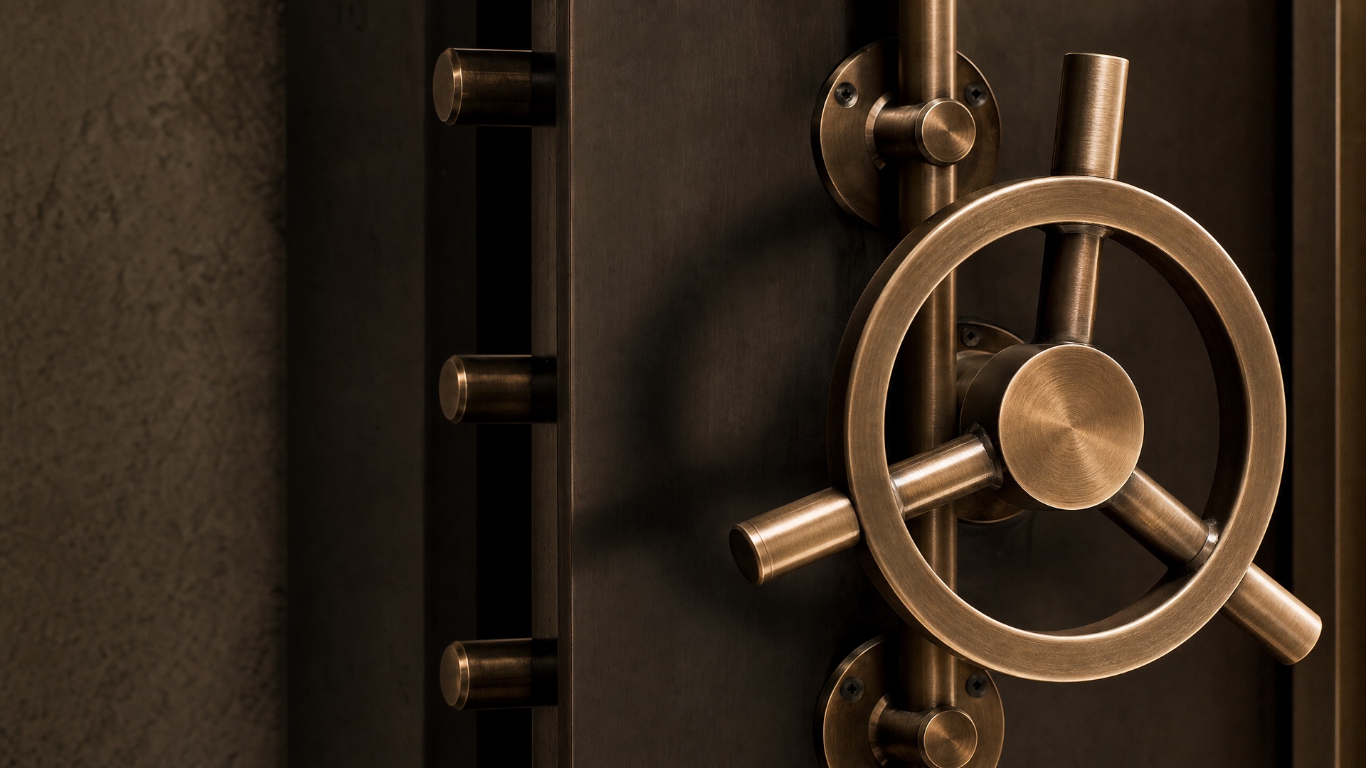 The Vault by Face and Co, brass vault door wheel in warm light