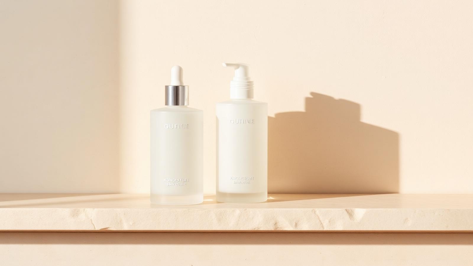 Unbranded prescription skincare bottles on a stone shelf for prescription skin revision